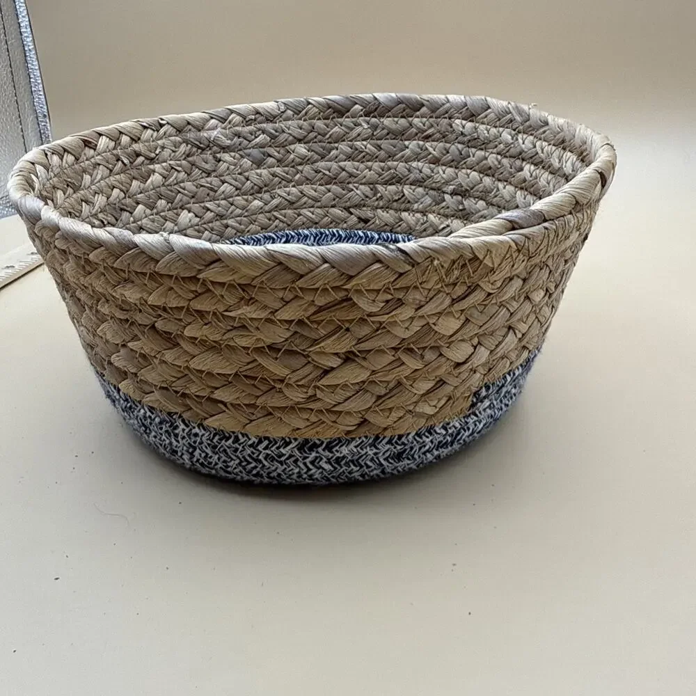 Round UGG Two-Tone Tabletop Organizer Basket with Leather Logo Patch Straw Rope
